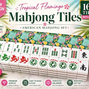 May include: A Tropical Flamingo American Mahjong set with 166 tiles, including jokers. The white tiles feature green, red, and black symbols. The set includes a box with a tropical flamingo design. The words "New Design" and "Preppy Game Night" are also visible.