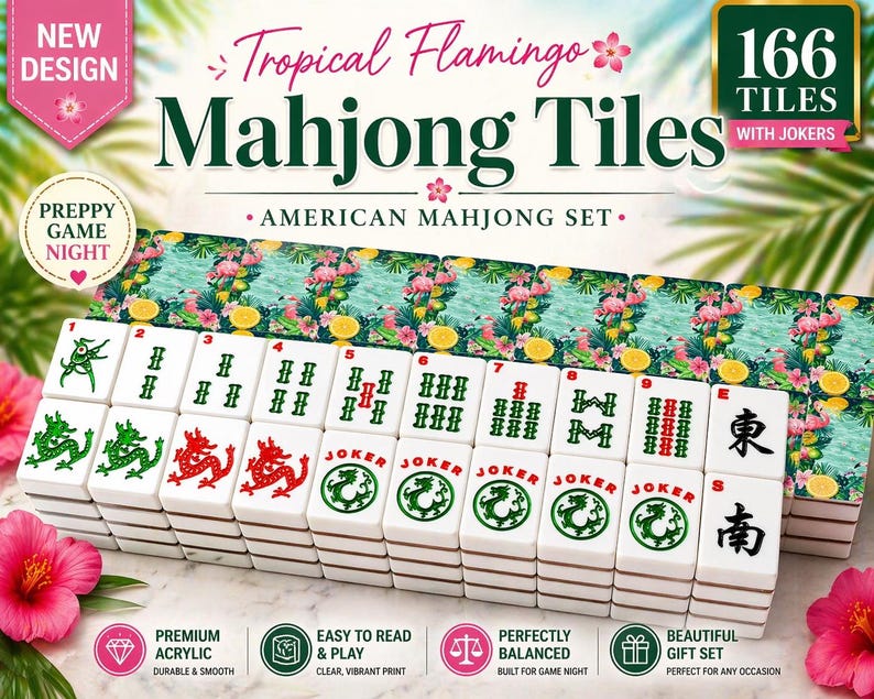 May include: A Tropical Flamingo American Mahjong set with 166 tiles, including jokers. The white tiles feature green, red, and black symbols. The set includes a box with a tropical flamingo design. The words "New Design" and "Preppy Game Night" are also visible.