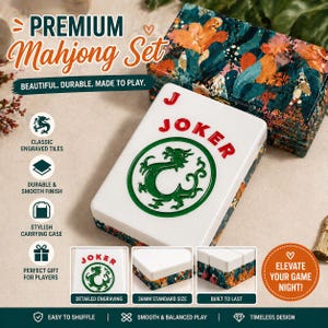 May include: A premium Mahjong set with a white tile featuring a green dragon and the word "Joker" in red. The set includes a stylish carrying case with a floral design. The text on the box reads "Beautiful. Durable. Made to Play."
