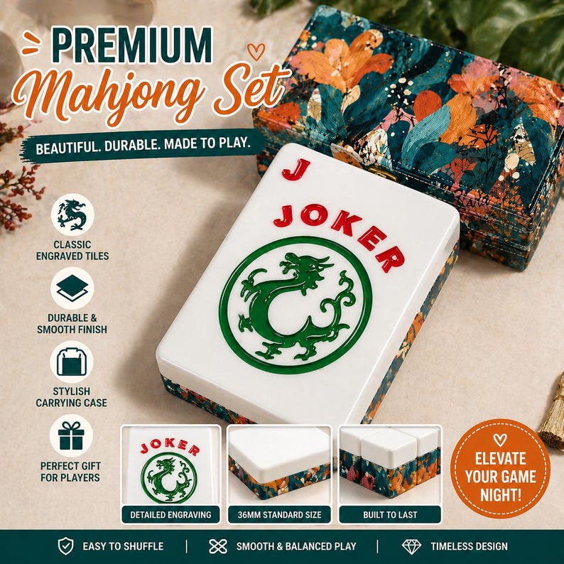 May include: A premium Mahjong set with a white tile featuring a green dragon and the word "Joker" in red. The set includes a stylish carrying case with a floral design. The text on the box reads "Beautiful. Durable. Made to Play."