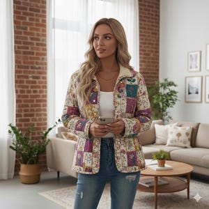 May include: A quilted jacket with a patchwork design in shades of cream, purple, and yellow. The jacket has a button-up front and a cream-colored collar. The model is wearing blue jeans and holding a phone.