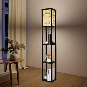 Japanese Floral Shelf Floor Lamp with Linen Shade, LED Bulb, USB & Outlet, 3 Tier Wood Storage Lamp for Living Room Bedroom Decor image 2