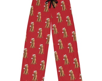 Pantalon de pyjama pour hommes Noël Golden Doodle Design, fond rouge avec motif doré-doodle avec bonnets de père Noël, pantalon de pyjama personnalisé