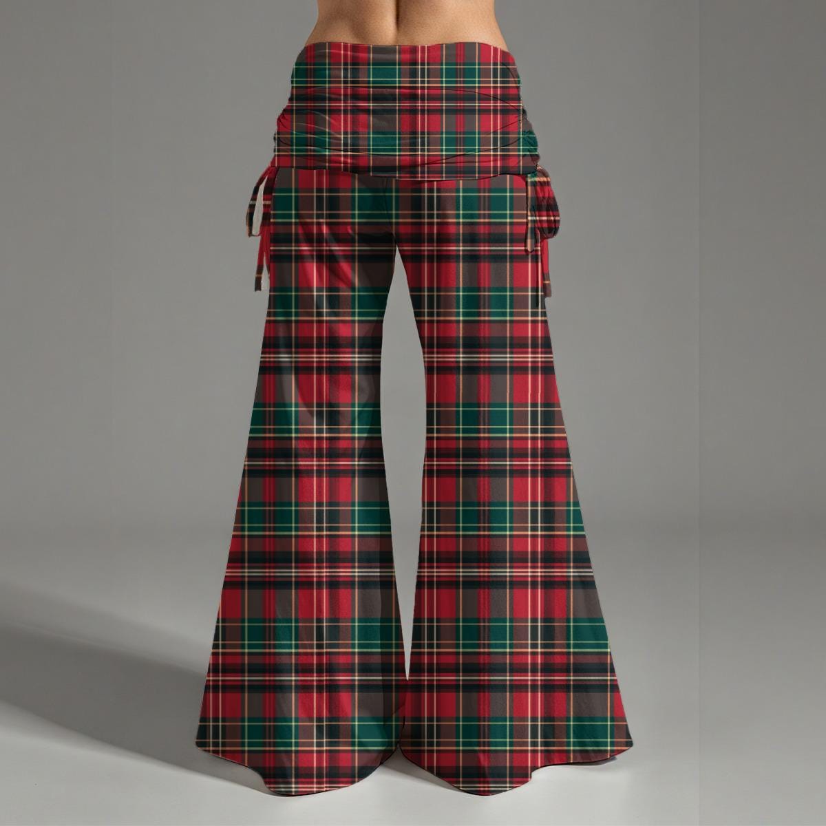 Red Green Plaid Wide Leg Pants | High Waisted Foldover Waistband 