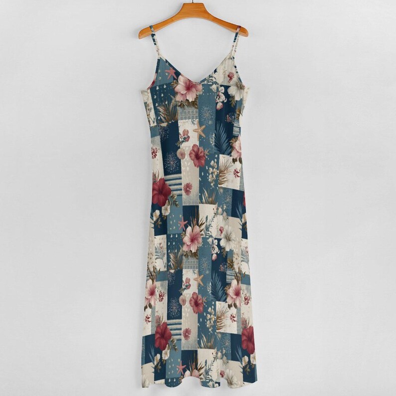 Floral Patchwork Maxi Dress, Red White Blue Sundress, 4th of July Dress Women, Boho Beach Dress, Summer Vacation Outfit, Coastal Maxi Dress image 6