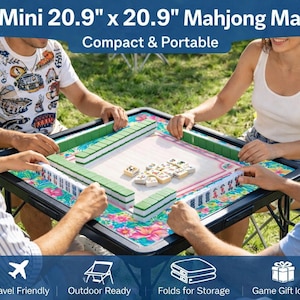 May include: A mini 20.9" x 20.9" Mahjong mat with a floral design is shown with four people playing. The mat is compact and portable, with green and white tiles. The text "Mini 20.9" x 20.9" Mahjong Mat" and "Compact & Portable" are visible.