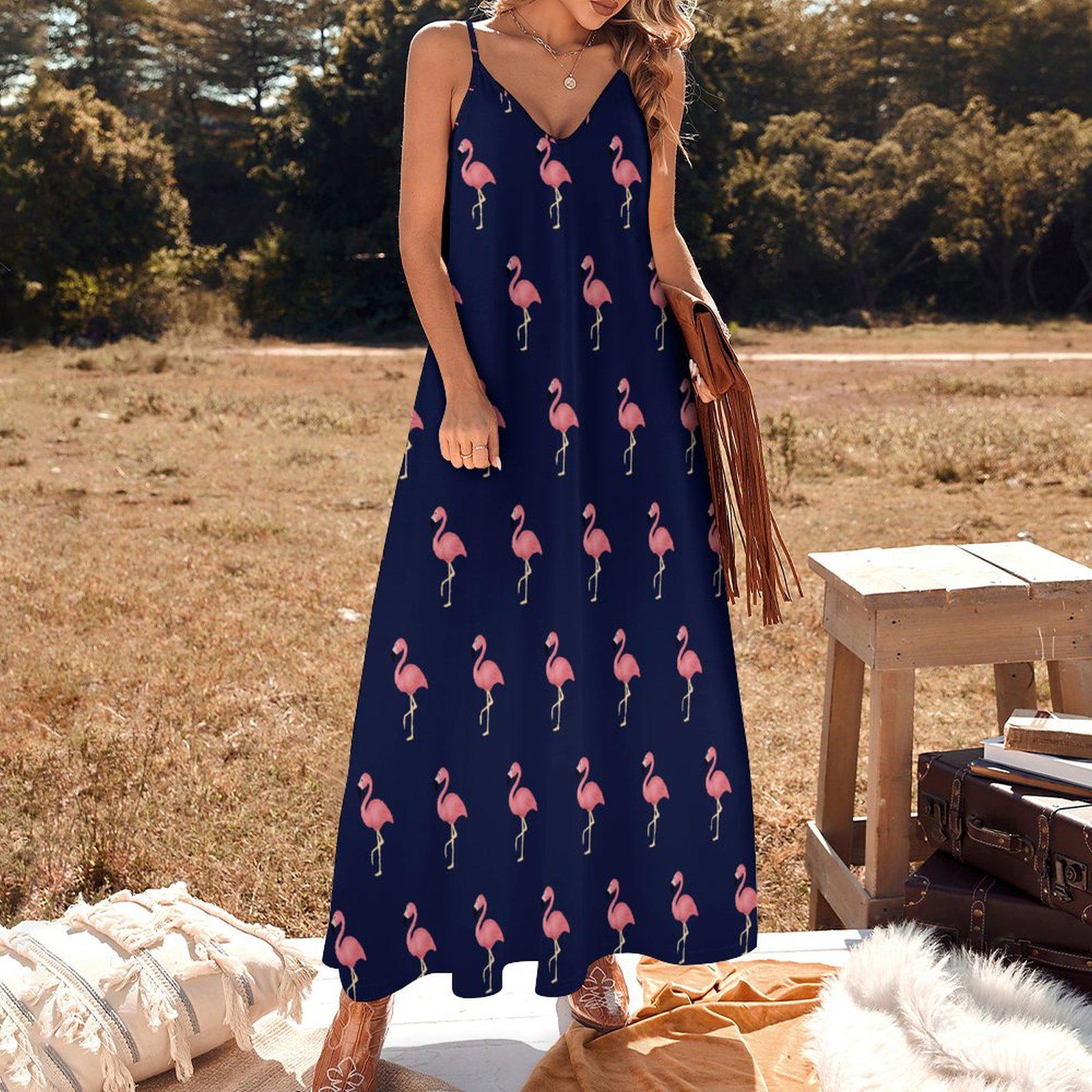 Pink Flamingo Pattern Ankle-length Slip Dress , Flamingo Fan Gift, Flamingo Lover Navy Flamingo Maxi Dress Cute Summer Beach Flamingo Dress