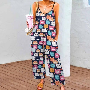 Cartoon Cats Suspender Jumpsuit (All-Over Printing), Trendy style jumpsuit with cute cat pattern, Gift for Cat and comfort lovers