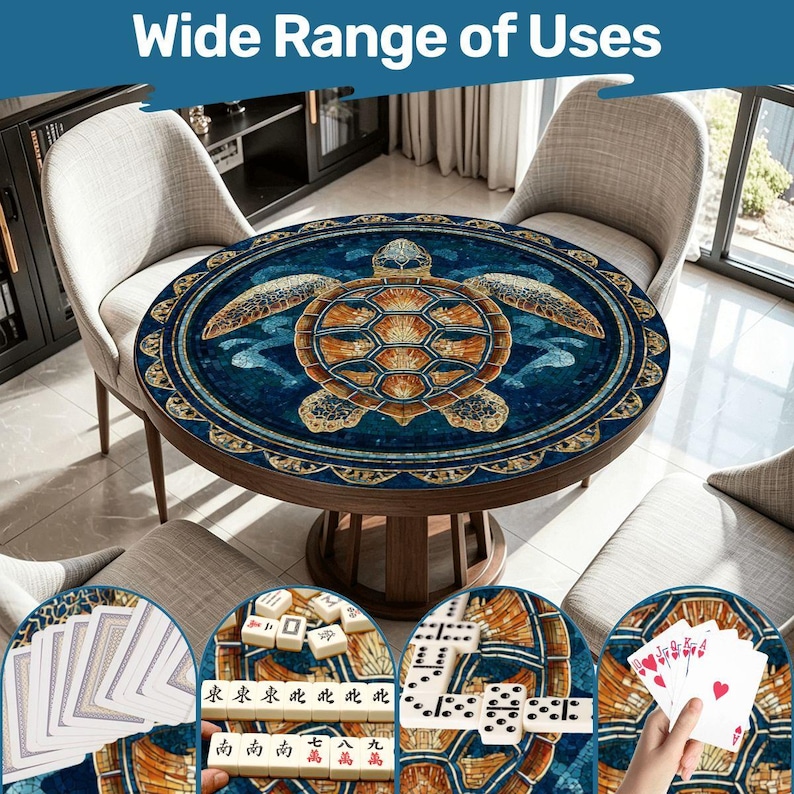 Sea Turtle Mahjong Mat 42 Inch Round, Coastal Mahjong Table Mat, Ocean Turtle Game Mat, Beach House Mahjong Decor, Mahjong Accessories Gift image 1