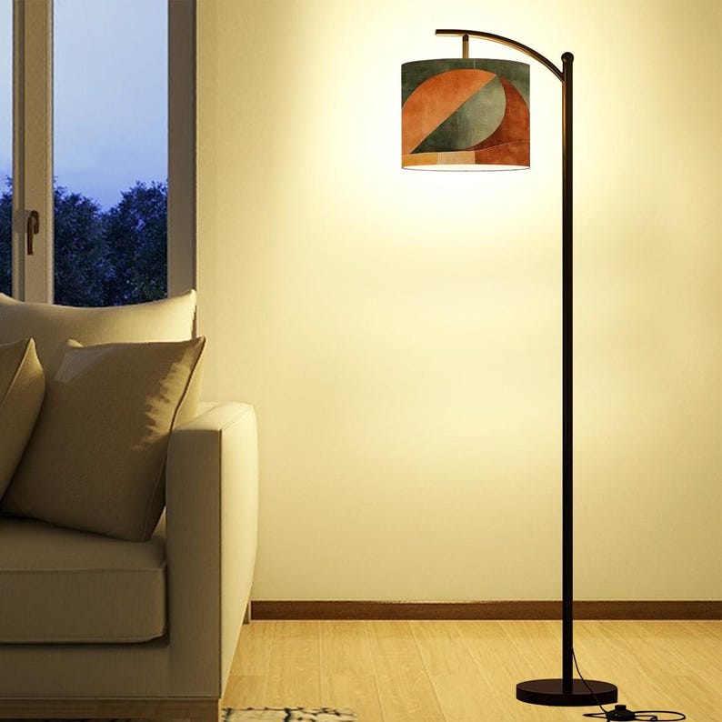 Contemporary Boho Design Arc Floor Lamp, Geometric Shape in Earth Tones, (Made in USA), Home Lighting Decor, Standing Lamp image 6