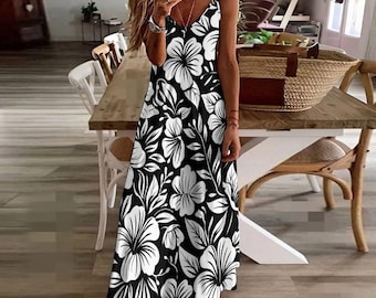 Black and White Floral Maxi Dress: Boho Sleeveless Sundress