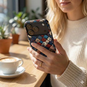 May include: A smartphone case with a patchwork design in shades of blue, red, and white. The case has a textured appearance and is held in a person's hand. A cup of coffee sits on a wooden table.