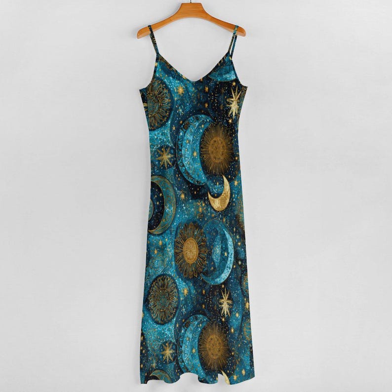 Celestial Sun Moon Stars Maxi Dress | Women’s Astrology Print Ankle ...