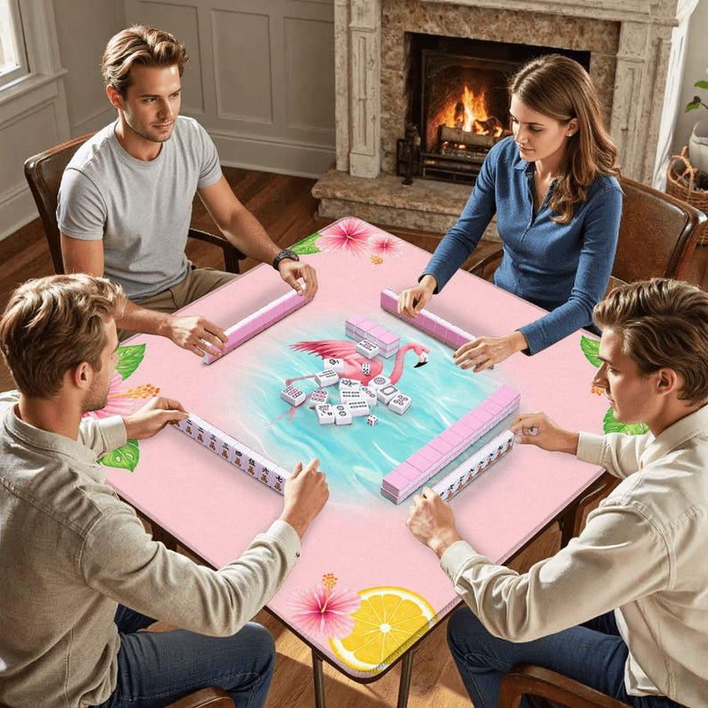 Pink Flamingo Mahjong Mat, Tropical Mahjong Table Mat, Coastal Game Night Decor, Hibiscus Mahjong Cover, Beach Mahjong Accessory, 31.5 Inch image 8