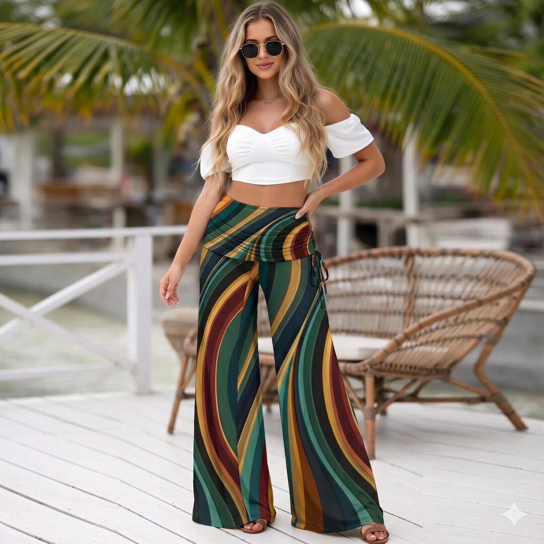 Retro Wavy Wide Leg Pants Women | High Waisted Boho Palazzo Pants