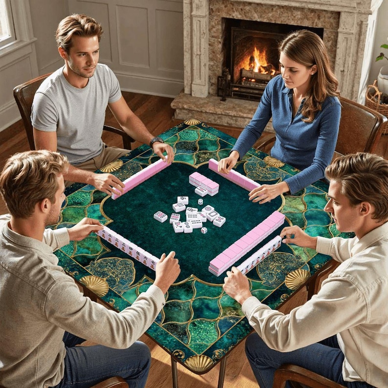 Emerald Coastal Mahjong Mat 33x33 Foldable Mahjong Game Mat with Storage Bag, Luxury Teal Gold Mahjong Table Cover, Mermaid Coastal Decor zdjęcie 2