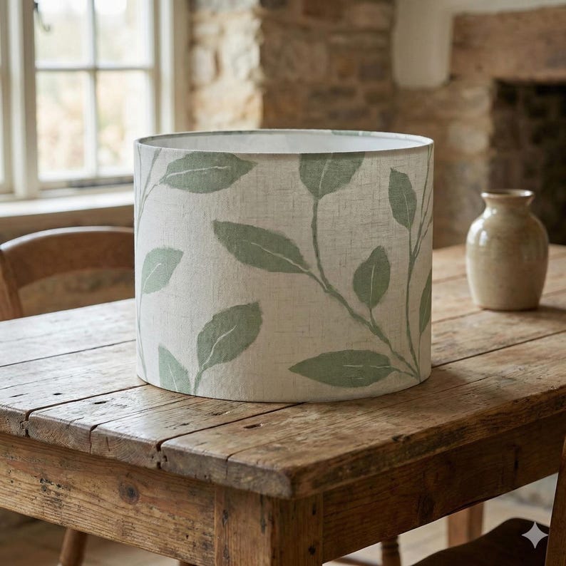 Boho Leaf Print Lampshade: Soft Green Linen Look, Arc/Floor Lamp Bild 1