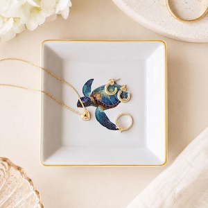 Sea Turtle Mahjong Dice Holder, Coastal Jewelry Dish, Mahjong Accessory Tray, Gold Trim Ring Dish, Ocean Turtle Trinket Tray, Mahjong Gift image 1