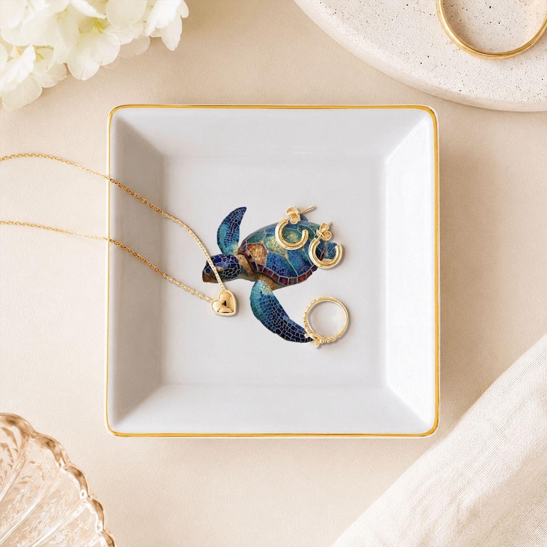 Sea Turtle Mahjong Dice Holder, Coastal Jewelry Dish, Mahjong Accessory Tray, Gold Trim Ring Dish, Ocean Turtle Trinket Tray, Mahjong Gift image 1