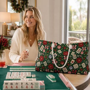 Christmas Mahjong Bag, Holiday Mahjong Storage Tote, 24 x 13 Inch Mahjong Rack Bag, Poinsettia Tile Game Gift image 2