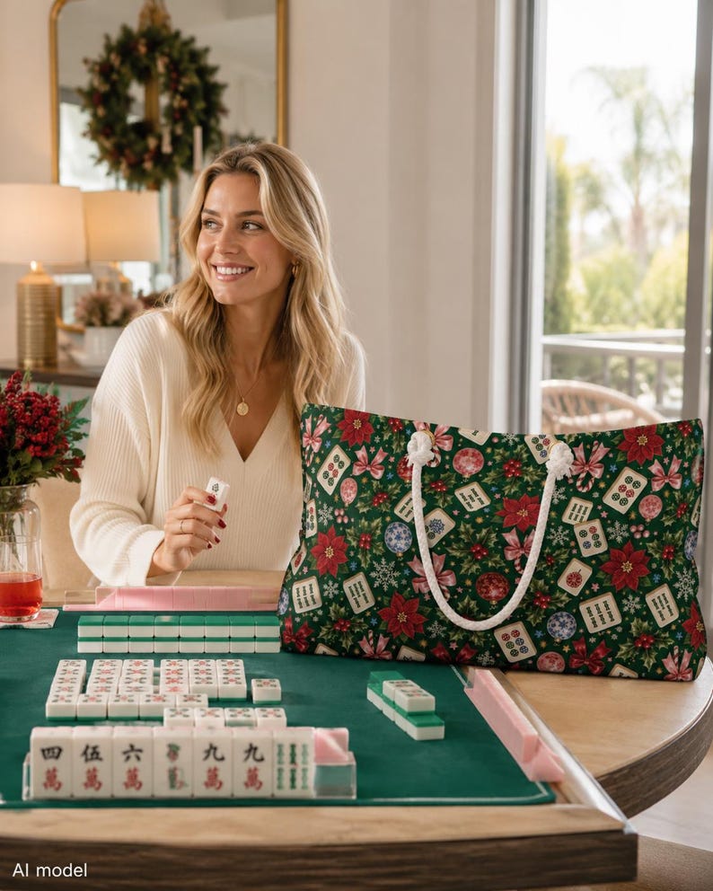 Christmas Mahjong Bag, Holiday Mahjong Storage Tote, 24 x 13 Inch Mahjong Rack Bag, Poinsettia Tile Game Gift image 2