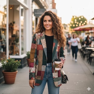 May include: A patchwork blazer in shades of green, red, and beige. The blazer is worn over a black top and blue jeans. A black purse with a gold chain strap and a coffee cup are also visible.