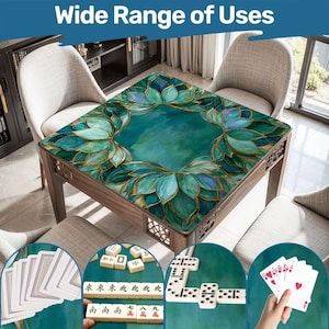 May include: A square table featuring a teal and gold lotus flower pattern on the surface. The table is surrounded by four chairs. Insets show playing cards, mahjong tiles, and dominoes arranged on the same teal and gold patterned surface.
