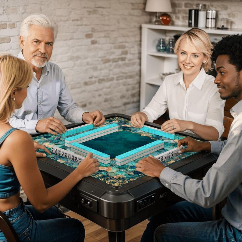 Mermaid Mahjong Mat 33x33, Coastal Mahjong Table Cover, Teal Shell Mahjong Mat, Foldable Travel Mahjong Mat with Storage Bag, Game Decor image 5