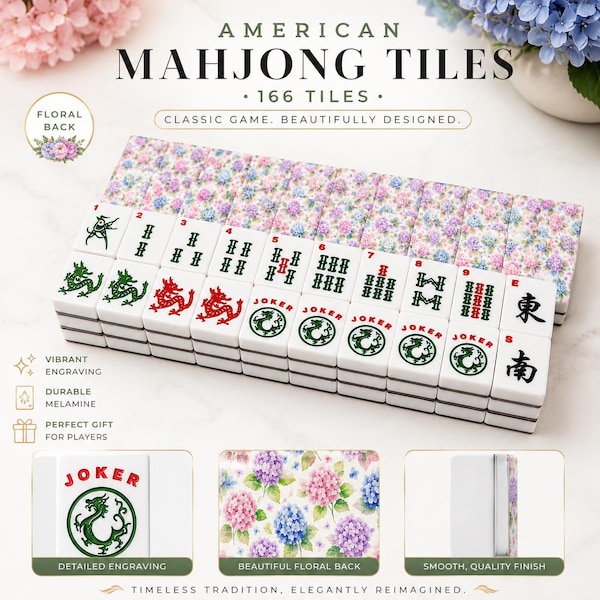 Juego de fichas de Mahjong Americano con diseño de hortensias, fichas de Mahjong florales con comodines, juego de regalo de Mahjong de lujo, juego de Mahjong personalizado, juego de 166 fichas.