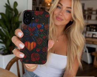 Funda para teléfono con corazón y rosas de vidrieras: Cubierta con diseño floral vintage
