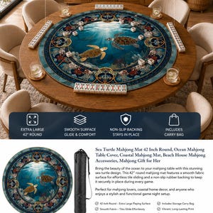 May include: A 106.7 cm round mahjong mat featuring a deep blue ocean scene with sea turtles and intricate circular patterns. The mat has a smooth fabric surface and a non-slip rubber backing, designed for game tables, and includes a black carry bag.