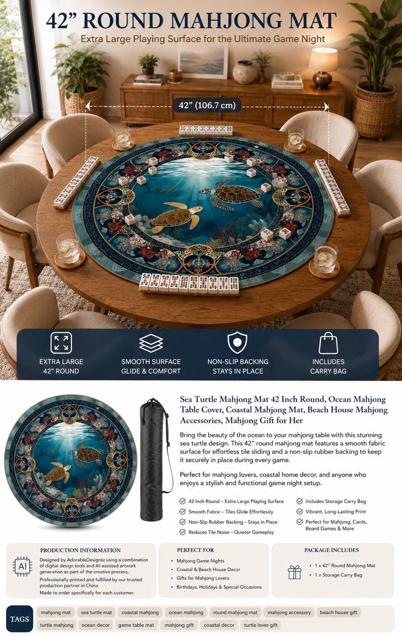 May include: A 106.7 cm round mahjong mat featuring a deep blue ocean scene with sea turtles and intricate circular patterns. The mat has a smooth fabric surface and a non-slip rubber backing, designed for game tables, and includes a black carry bag.