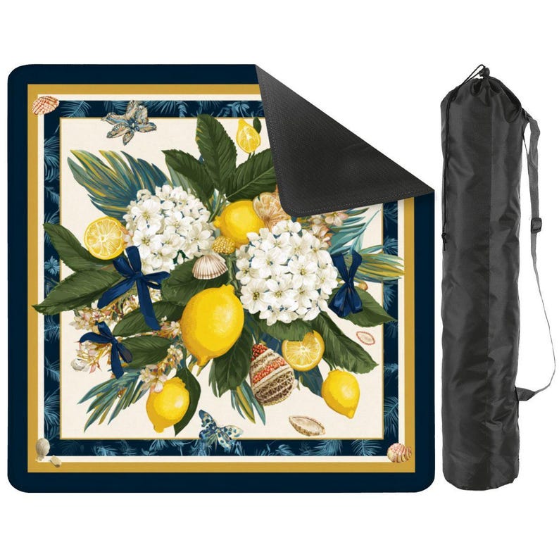 Coastal Lemon Mahjong Mat 31.5x31.5, Hydrangea Mahjong Table Cover, Blue Gold Mahjong Game Mat, Coastal Grandma Mahjong Decor Gift image 3
