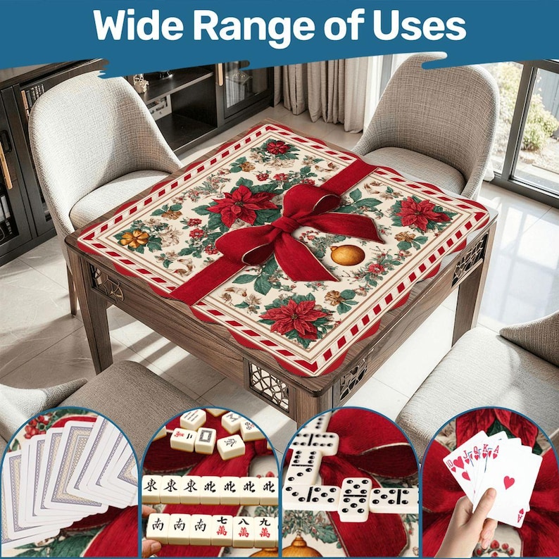 Christmas Mahjong Mat, Scalloped Mahjong Mat, Holiday Mahjong Gift, Poinsettia Mahjong Table Cover, Mahjong Accessories, 26x26 or 33x33 Bild 1
