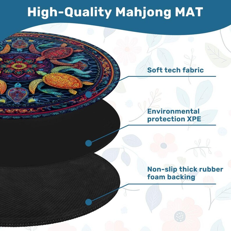 Sea Turtle Mahjong Mat 42Inch Round Game Mat, Coastal Mahjong Table Cover, Ocean Turtle Game Night Decor,Non Slip Rubber Backed Mat with Bag image 4