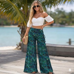 Mermaid Scale Wide Leg Pants: Boho Festival High Waist Trousers