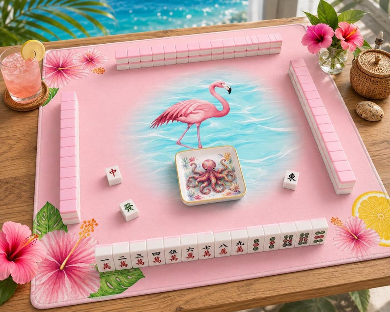 May include: A square pink mahjong mat featuring a central illustration of a pink flamingo standing in blue water. The mat is decorated with hibiscus flowers and lemon slices. A small square dish with an octopus graphic and mahjong tiles are placed on the surface.