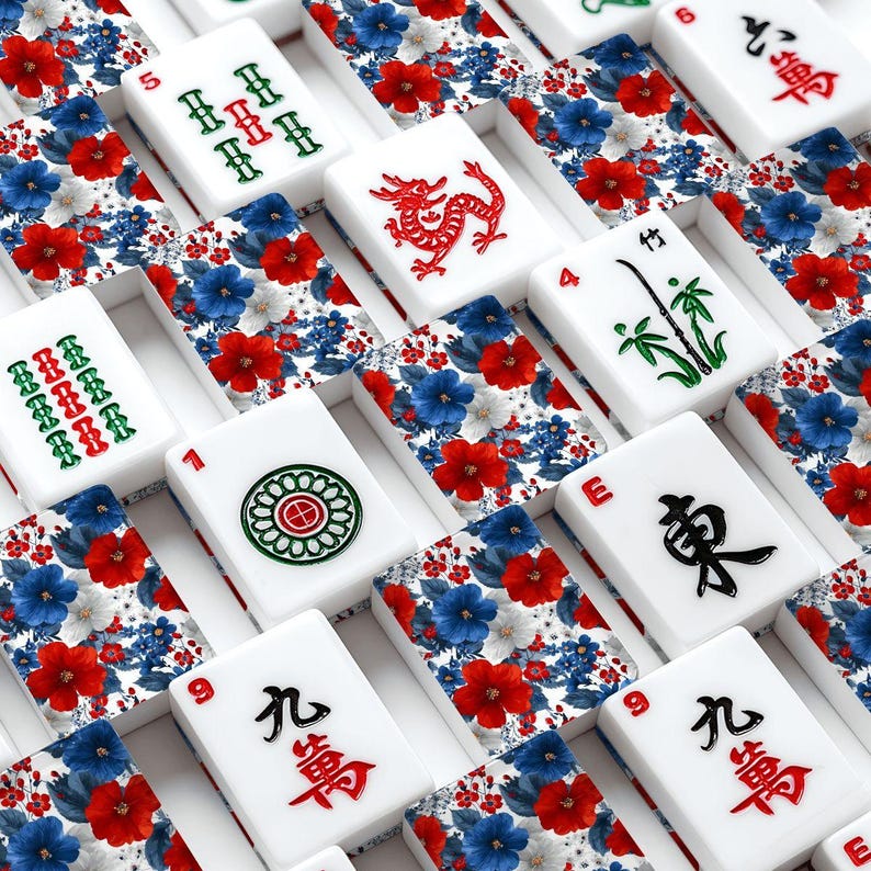 Patriotic Floral American Mahjong Tiles Set, 166 Piece Mahjong Game Set with Jokers, Red White Blue Mahjong Accessories,Grandmillennial Gift Bild 7