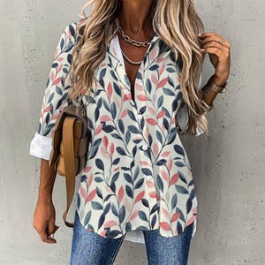 Leaf Print Button Down Shirt – Long Sleeve Lightweight Blouse for Women – Casual Fall Top 2025 – Boho Office or Weekend Look