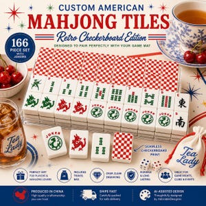 May include: A 166-piece set of custom American Mahjong tiles in a Retro Checkerboard Edition. The white tiles feature red and green engraved designs, including dragons, jokers, and numbers. The set includes a drawstring bag and a clear tray.