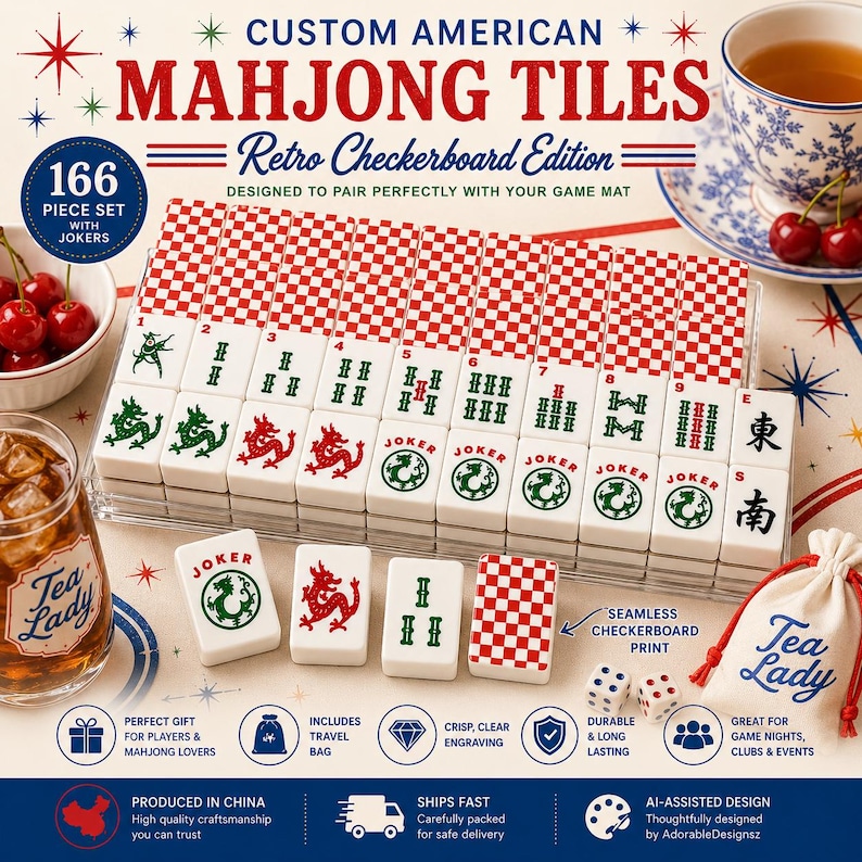 May include: A 166-piece set of custom American Mahjong tiles in a Retro Checkerboard Edition. The white tiles feature red and green engraved designs, including dragons, jokers, and numbers. The set includes a drawstring bag and a clear tray.