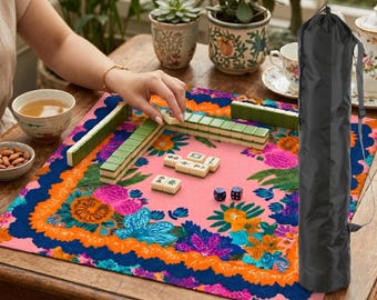 Mini Mahjong Mat 20.9" x 20.9" - Portable Travel Mahjong Table Cover - Floral Scalloped Design Game Mat with Storage Bag - Ships Rolled