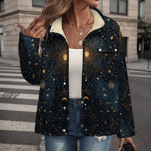 May include: A dark blue jacket with a celestial design featuring gold stars and sunbursts. The jacket has a cream-colored sherpa lining on the collar and a button-up front. The jacket is paired with blue jeans.
