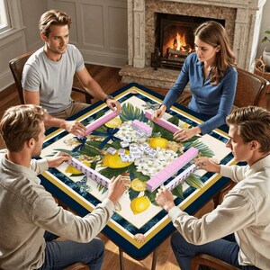 Coastal Lemon Mahjong Mat 31.5x31.5, Hydrangea Mahjong Table Cover, Blue Gold Mahjong Game Mat, Coastal Grandma Mahjong Decor Gift image 2