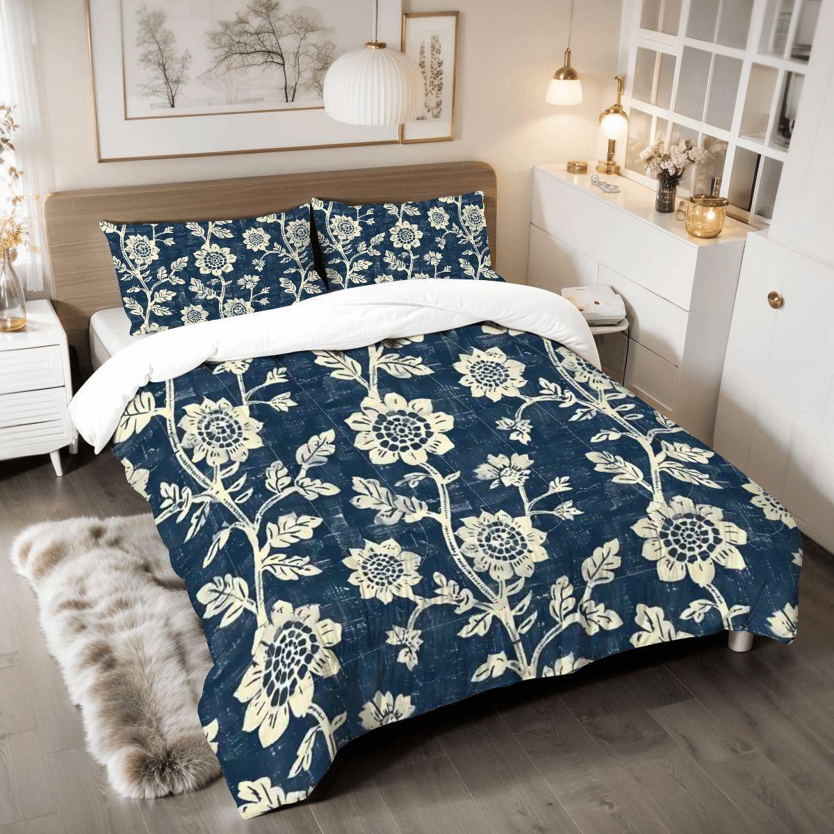 Navy Blue Floral King Comforter Set | Vintage Botanical Bedding ...