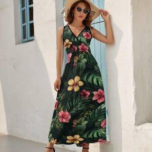 Tropical Maxi Dress, Hawaiian Vacation Dress, Summer Dress, V Neck Sleeveless Dress NZ028 (All-Over Printing)