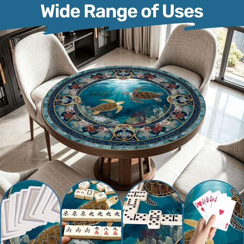 Sea Turtle Mahjong Mat 42 Inch Round, Coastal Mahjong Mat, Ocean Theme Mat, Beach House Mahjong Accessory, Turtle Lover Mahjong Table Cover image 1