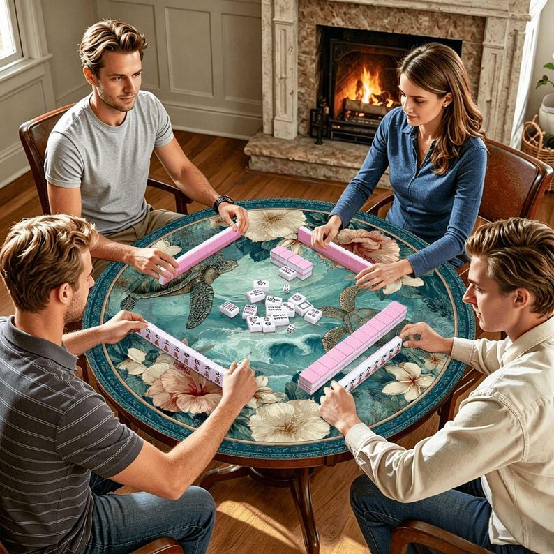Sea Turtle Mahjong Mat, Coastal Round Mahjong Table Mat 42 Inch, Tropical Ocean Game Mat, Beach House Mahjong Decor, Poker Table Cover Bild 6