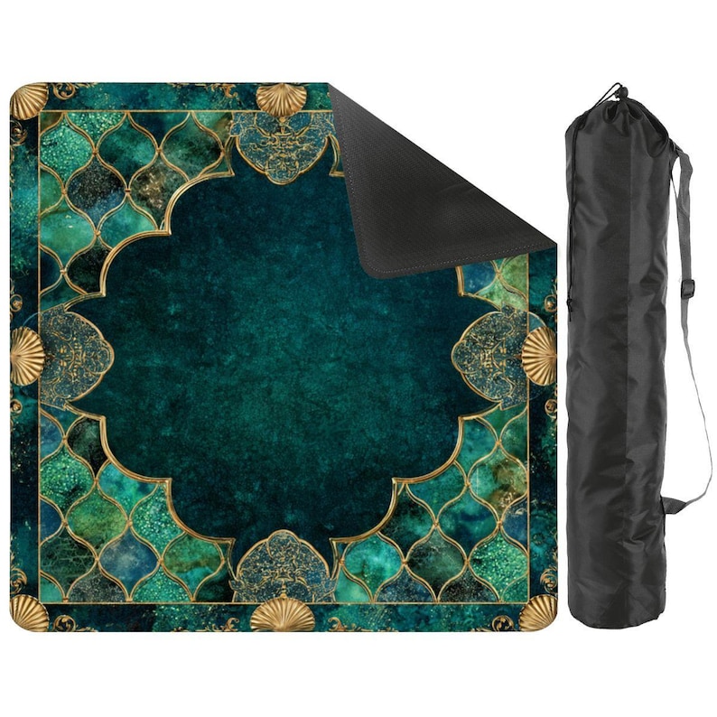 Emerald Coastal Mahjong Mat 33x33 Foldable Mahjong Game Mat with Storage Bag, Luxury Teal Gold Mahjong Table Cover, Mermaid Coastal Decor zdjęcie 3