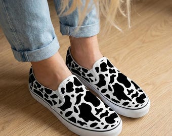 Cow Print Canvas Slip-On Shoes: Black & White Pattern